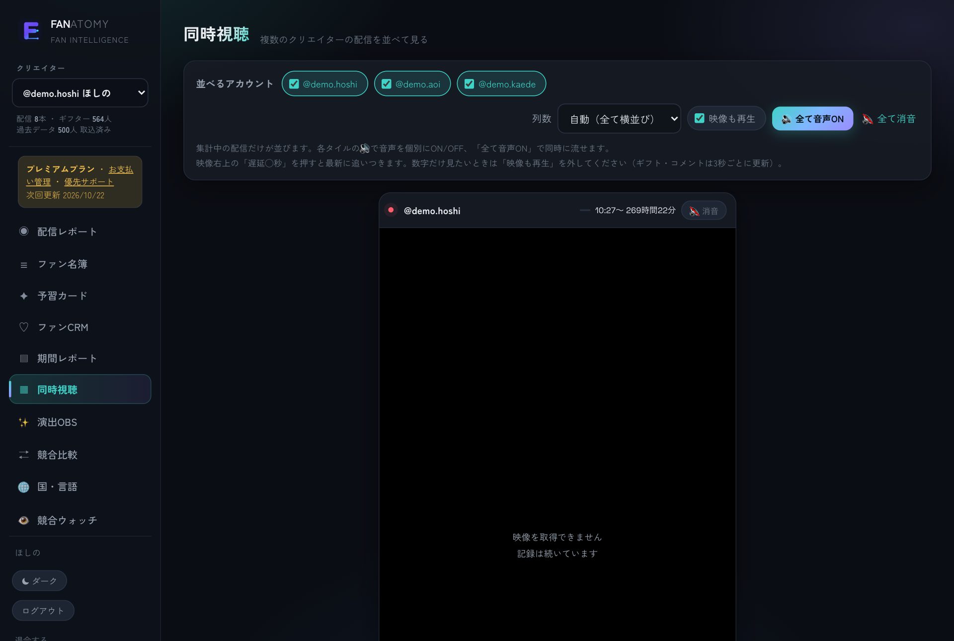 同時視聴。自分と競合ウォッチ相手の配信を並べて比較