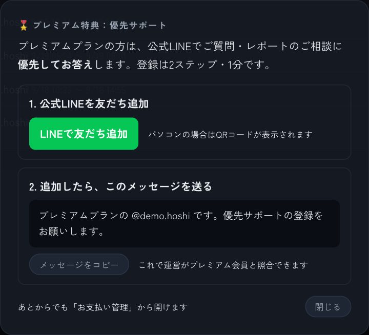 プレミアムの方には優先サポート（公式LINE）の登録案内が出ます